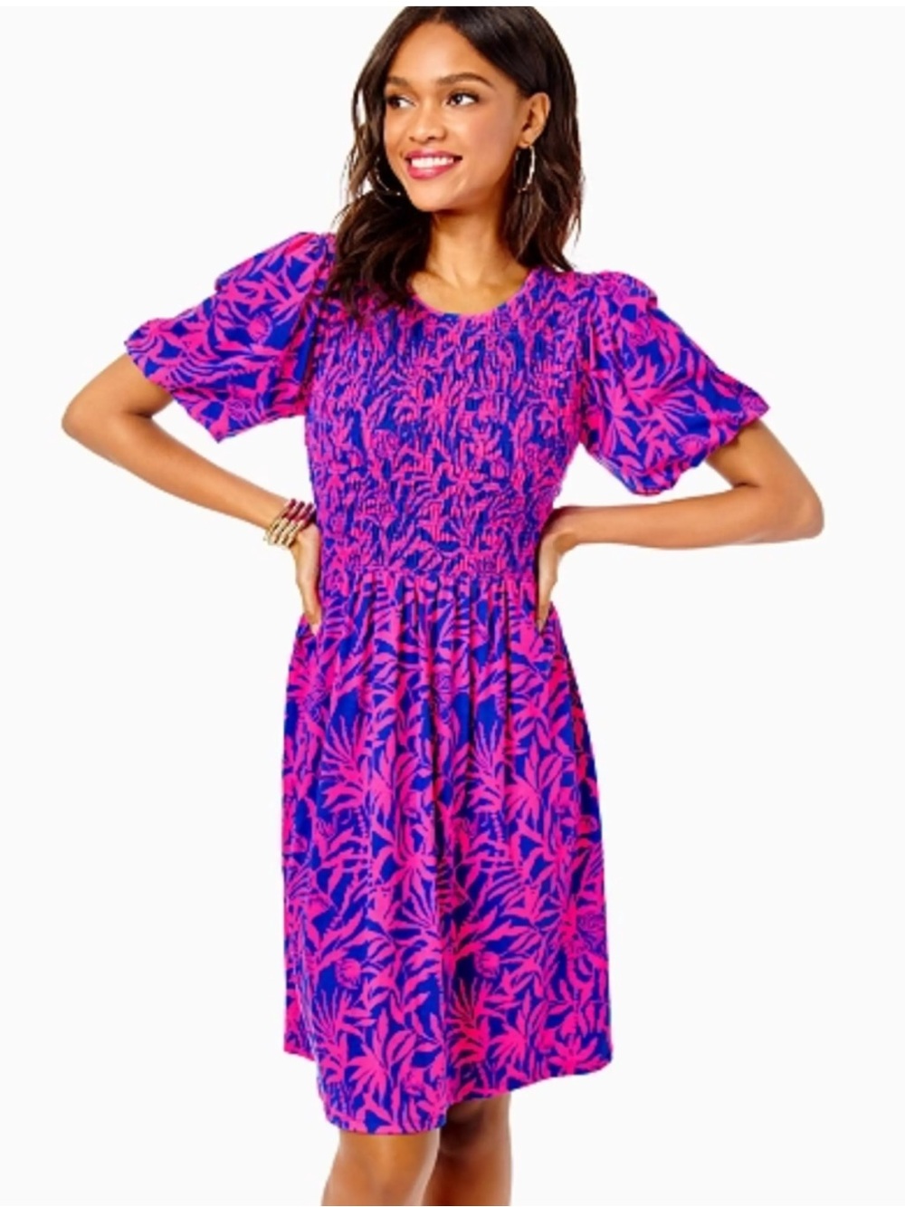 Lilly Pulitzer - Vibrant Pink & Blue Tropical Print Puff-Sleeve Dress